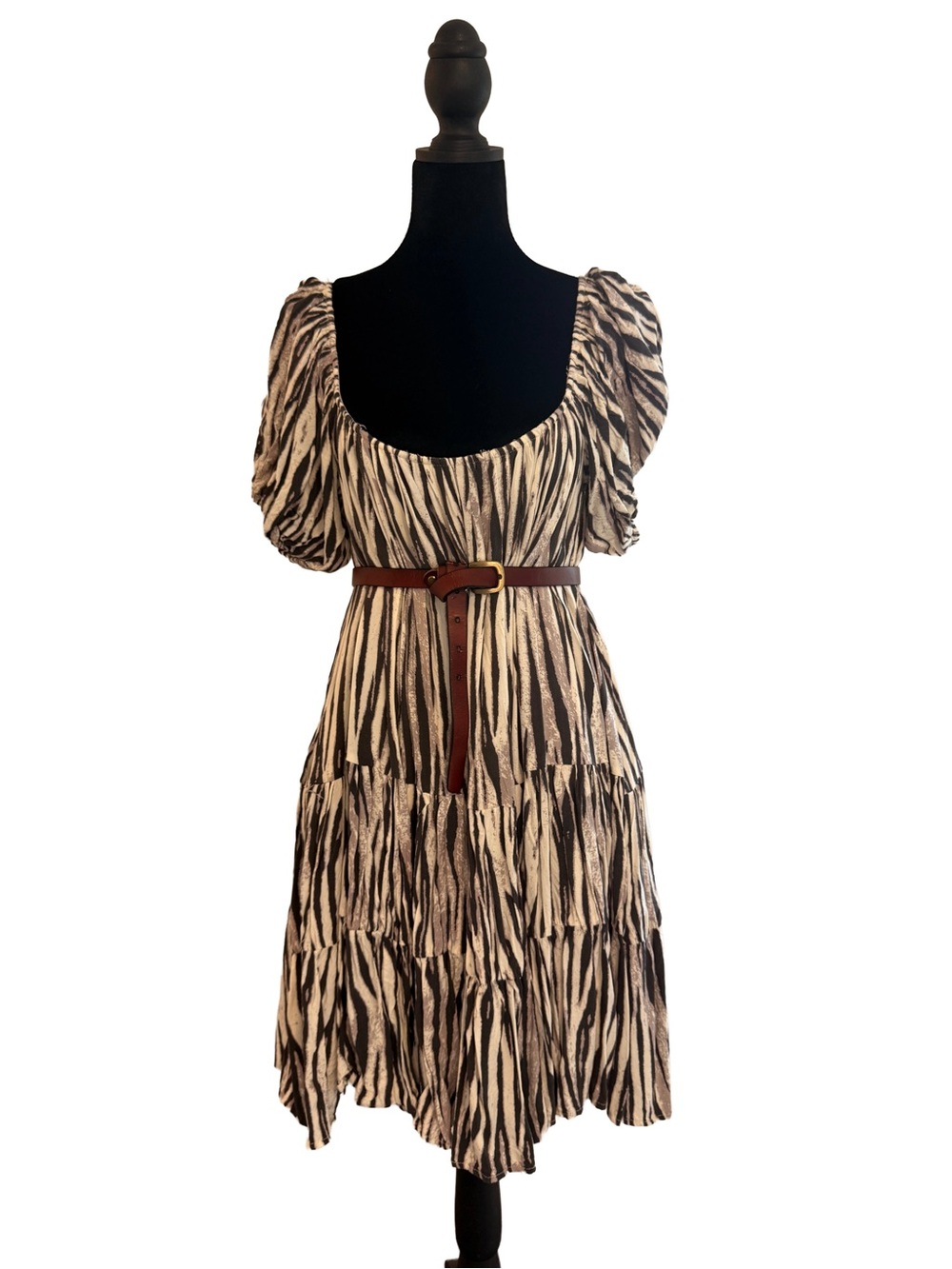 By Together Zebra Print Tiered Mini Dress Puff Sleeve Boho Flowy Size Large